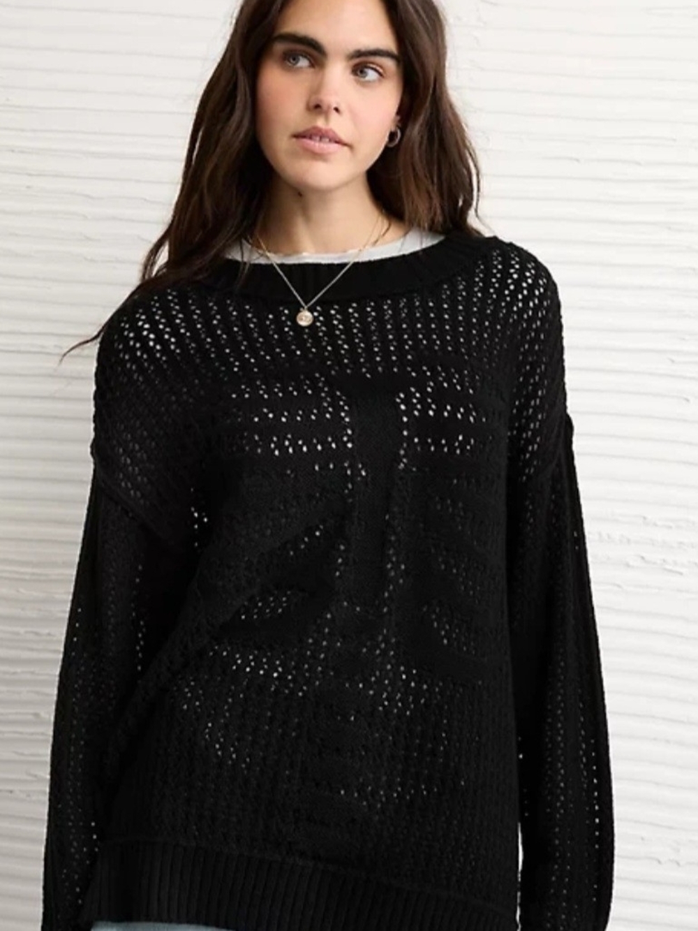 American Eagle Outfitters Black Open-Knit Crewneck Sweater